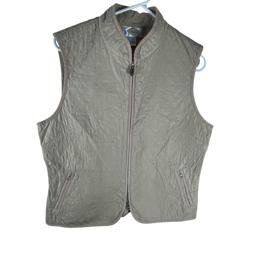 Talbots Vest Womens Large Beige Quilted Full Zip Pockets Lined Microfiber